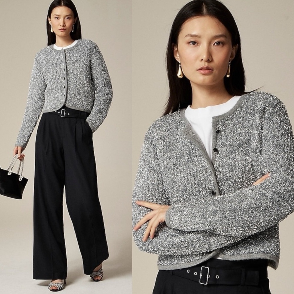 J.CREW Sweater Lady Jacket Silver Tinsel Yarn Lambs Wool Metallic Cardigan Sz L